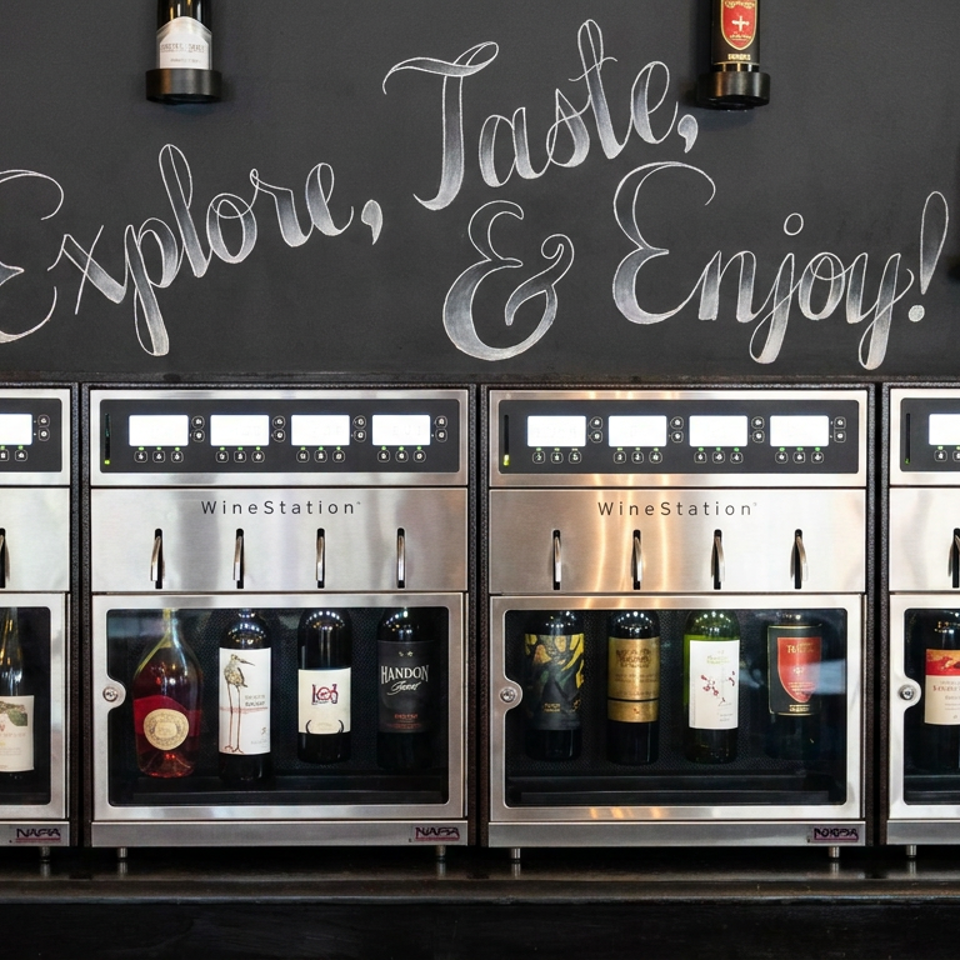 Four stainless-steel WineStation dispensers display assorted wine bottles beneath a chalkboard reading “Explore, Taste, & Enjoy!”