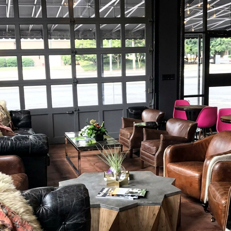 Industrial restaurant lounge with leather armchairs, fur throws, pink chairs, wooden tables, and expansive windows.