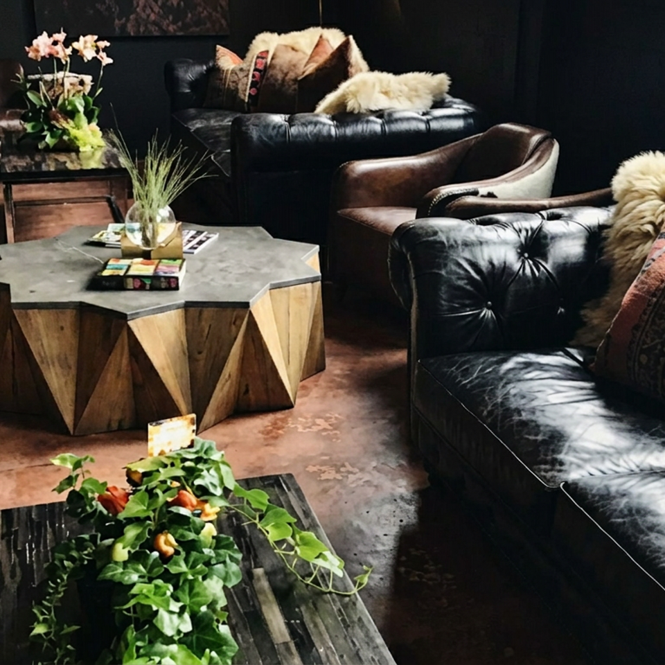 Cozy restaurant lounge with leather sofas, cowhide chairs, patterned pillows, rustic coffee tables, and indoor plants.