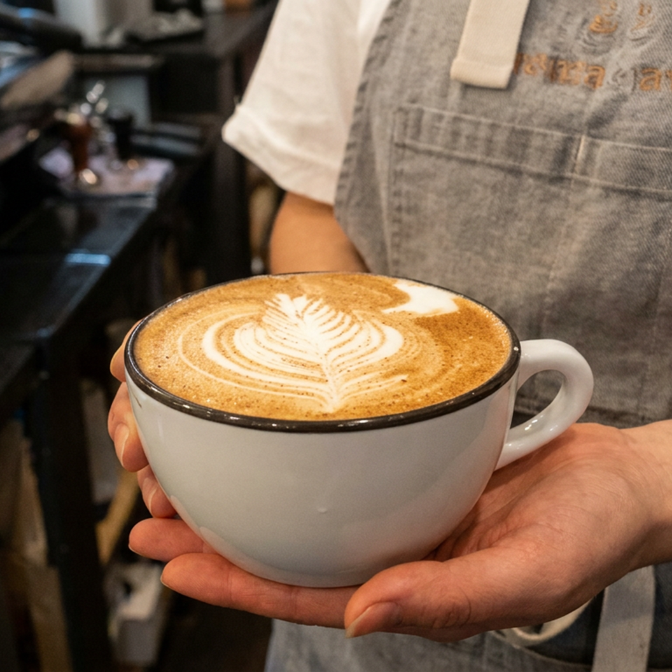 Barista in a denim apron presents a white cup of cappuccino topped with leaf-shaped latte art.
