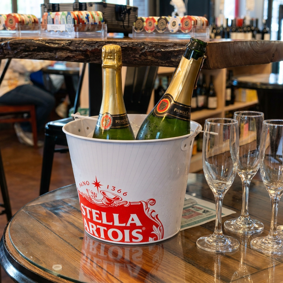 Two champagne bottles in a Stella Artois ice bucket with four flutes on a wooden table in a warmly lit restaurant.